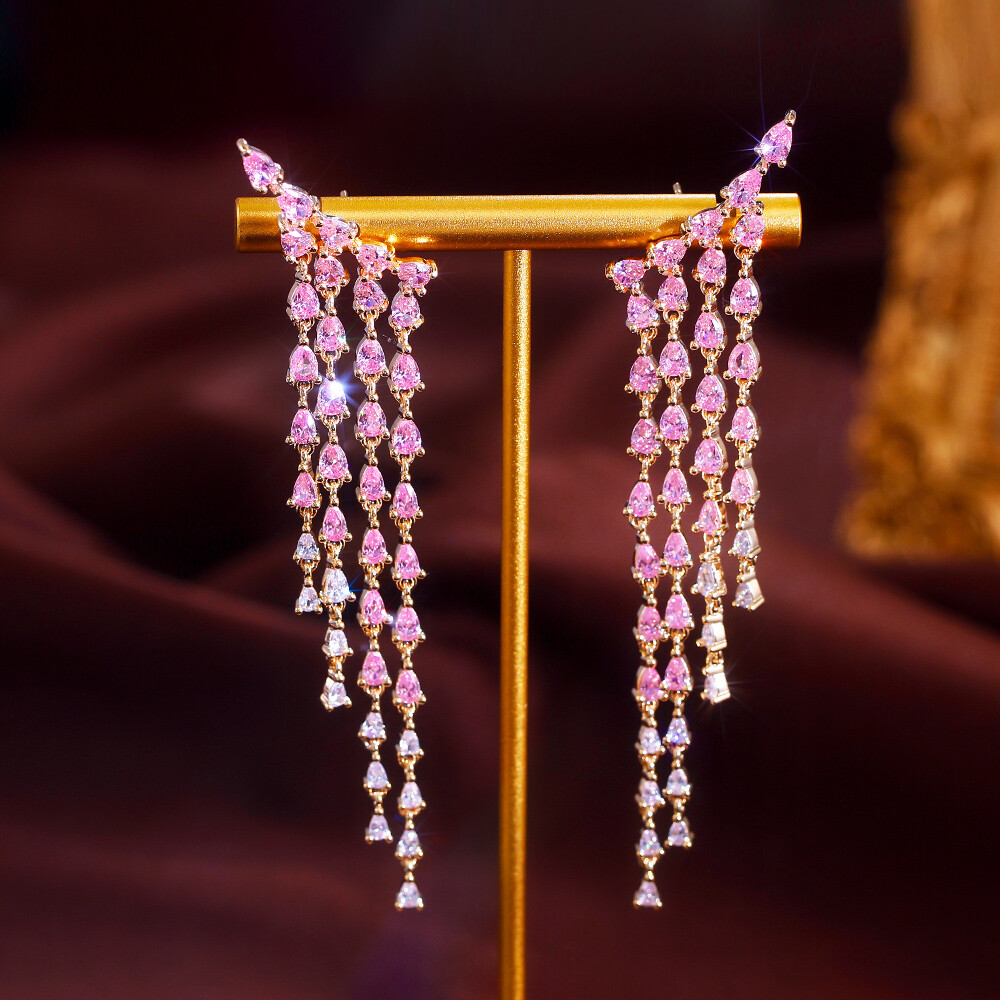 Extra Long Pink Drop Tennis Tassel Dangle Earrings Gold Plated CZ Charming Gift