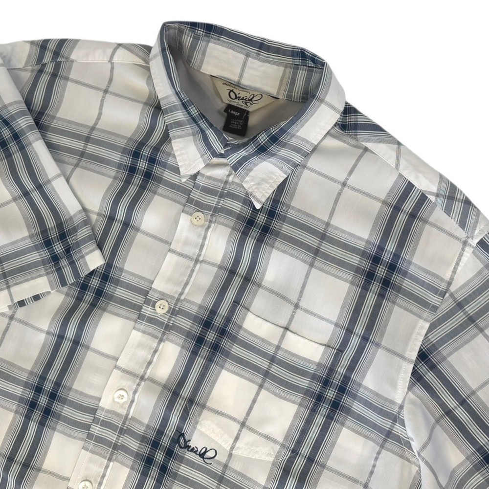 ONeill Mens Size Large Plaid Short Sleeve Button Up Shirt White Blue Casual