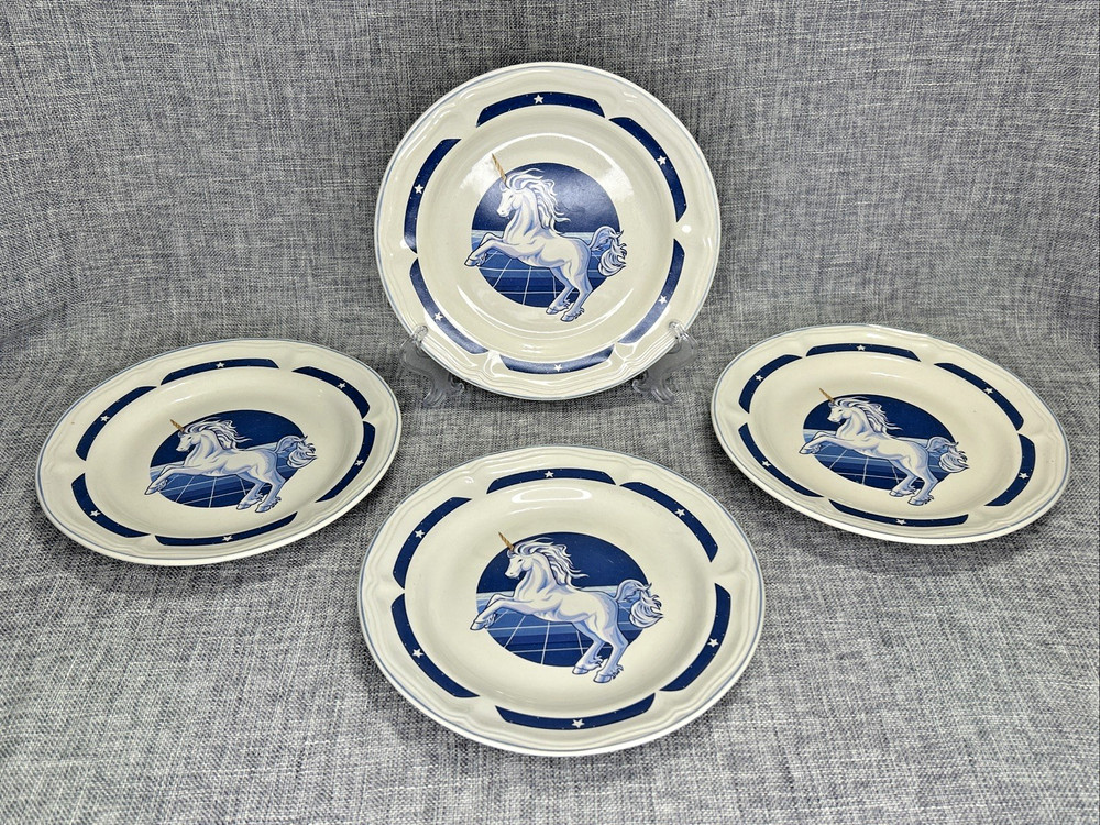 Set of 4 Vintage 80s Tienshan Stoneware Blue Unicorn Fantasy Dessert Plate 7.5