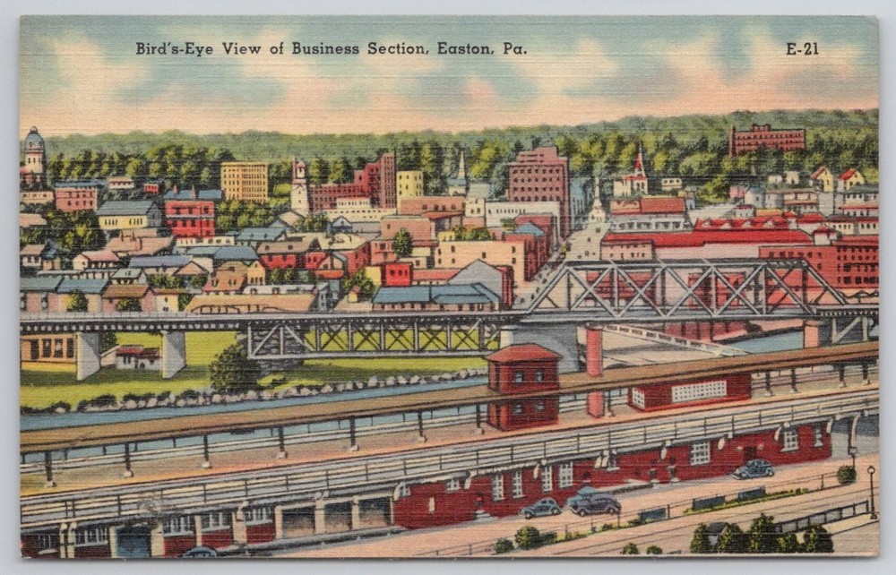 Easton PA Bird's-Eye View Business Section Linen Postcard Bridges