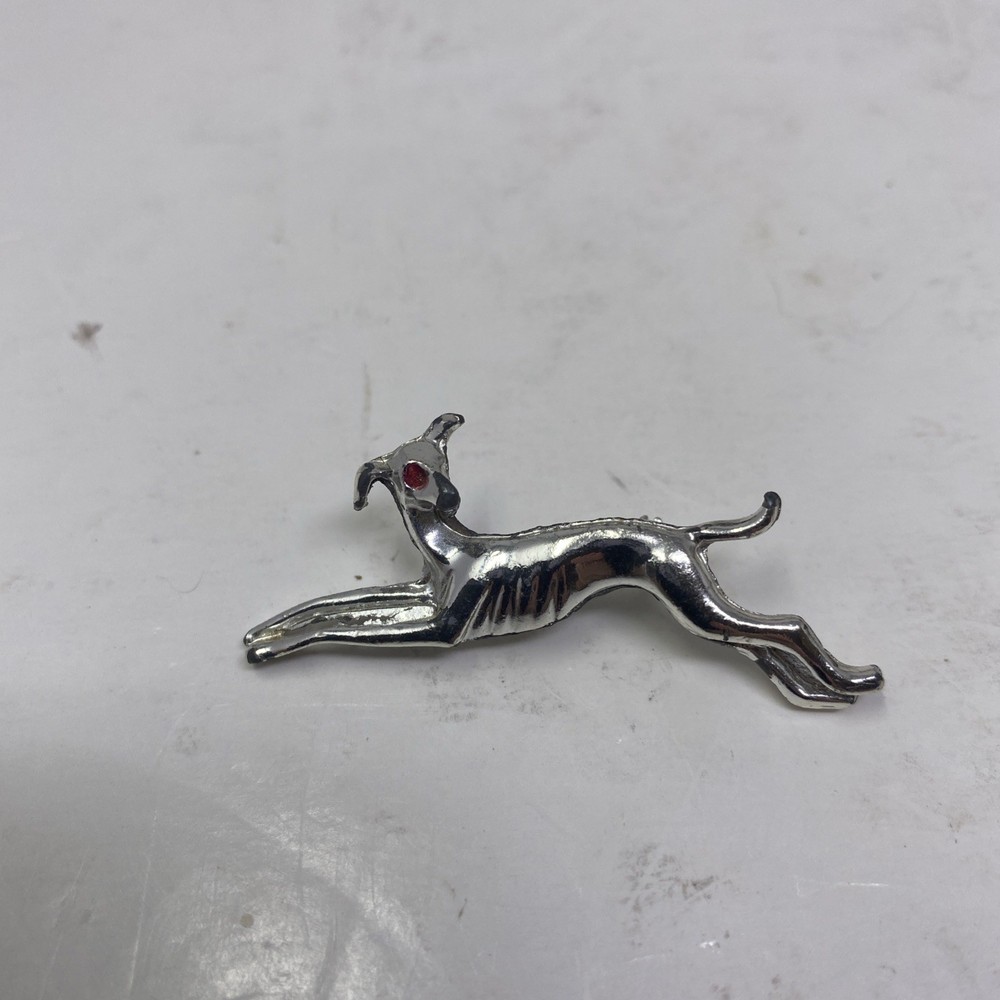 Vintage Silvertone Whippet Dog Greyhound Brooch Pin Pink Enamel Eye 2