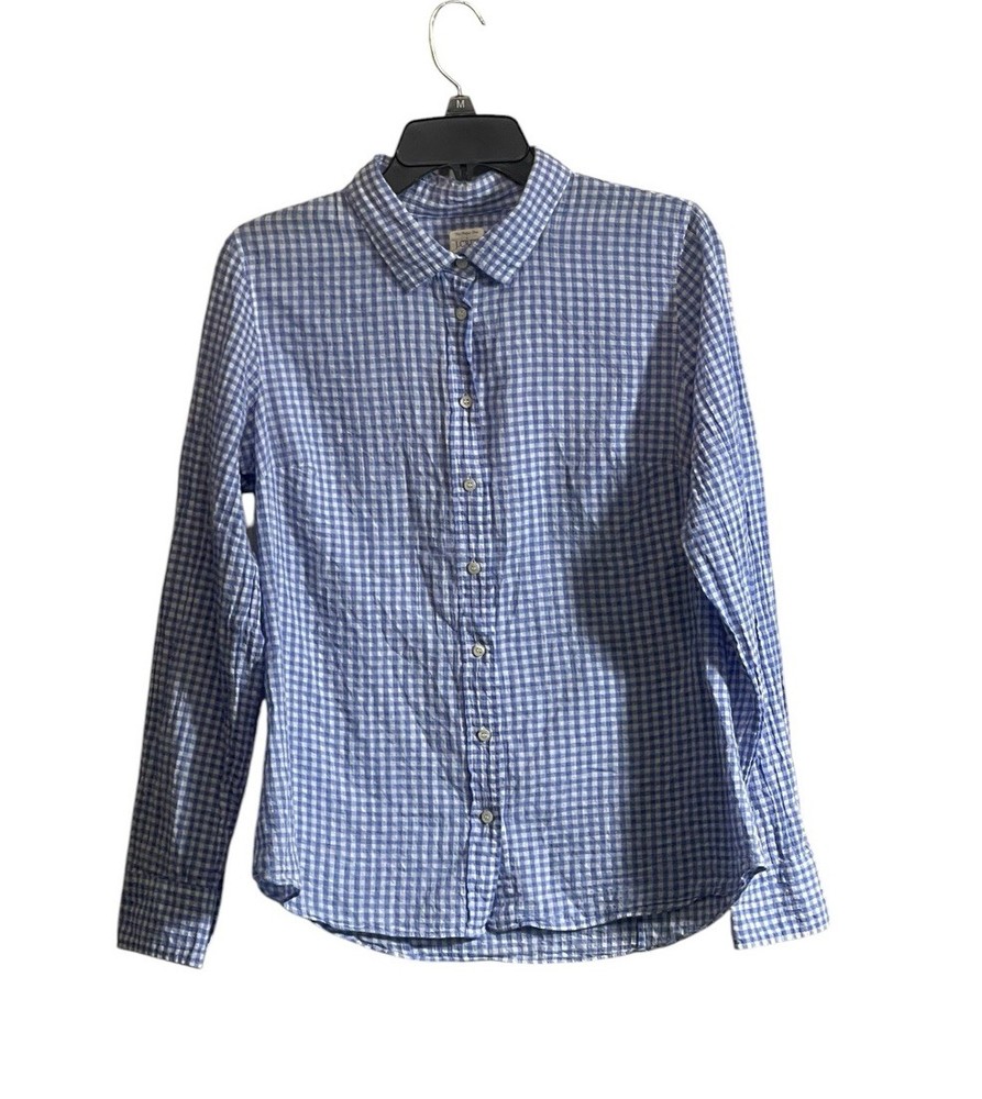 J Crew Women Med The Perfect Shirt Blue White Gingham Plaid Preppy Cotton Button