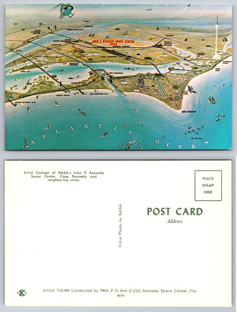 Vintage NASA Kennedy Space Center Map Postcard Apollo Era Rocket Launch TWA