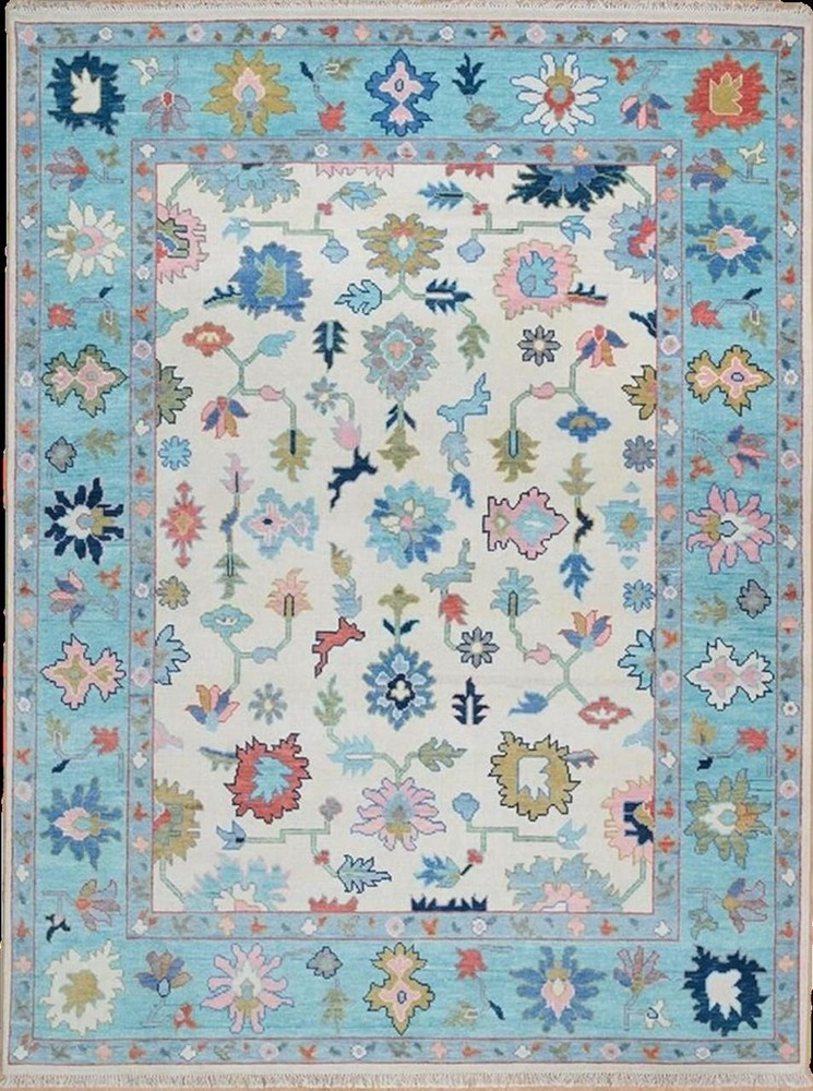 Hand Knotted Oushak Rug Blue Pastel Wool Area Rug Modern Floral Turkish Décor