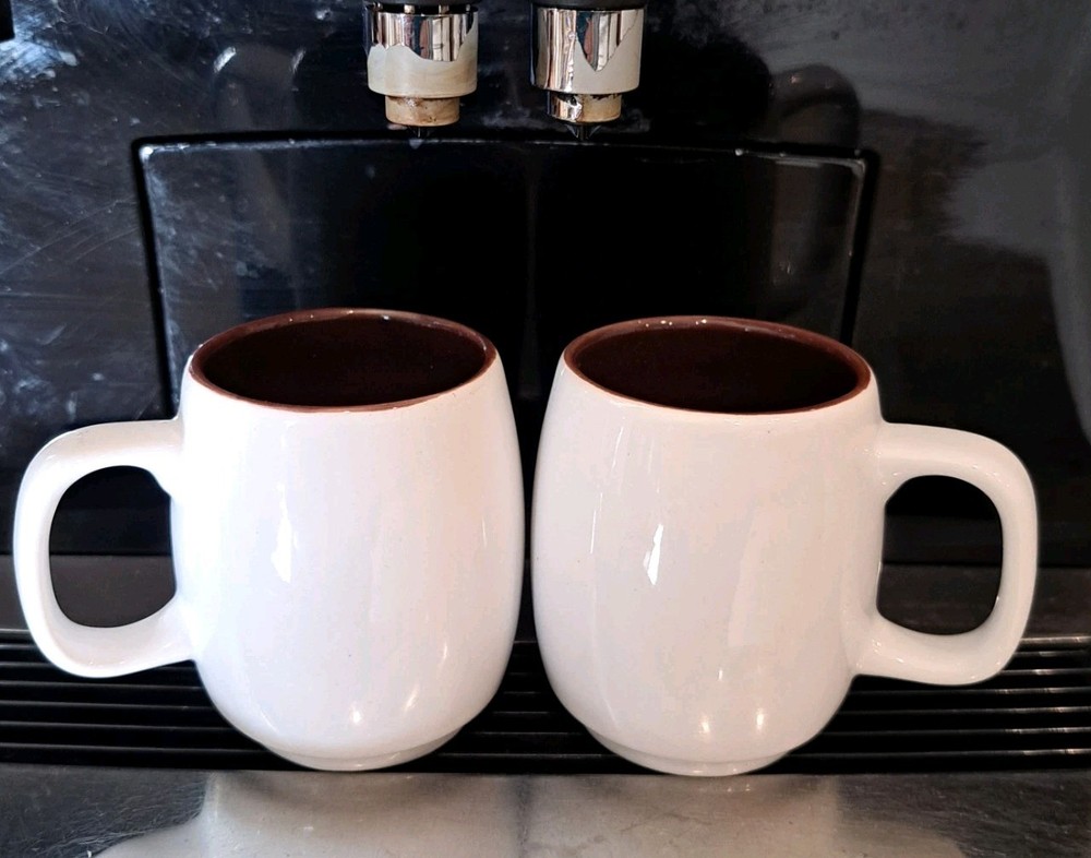 Set 2 Crate & Barrel White Brown Mini Mugs Americano Coffee Cups EUC
