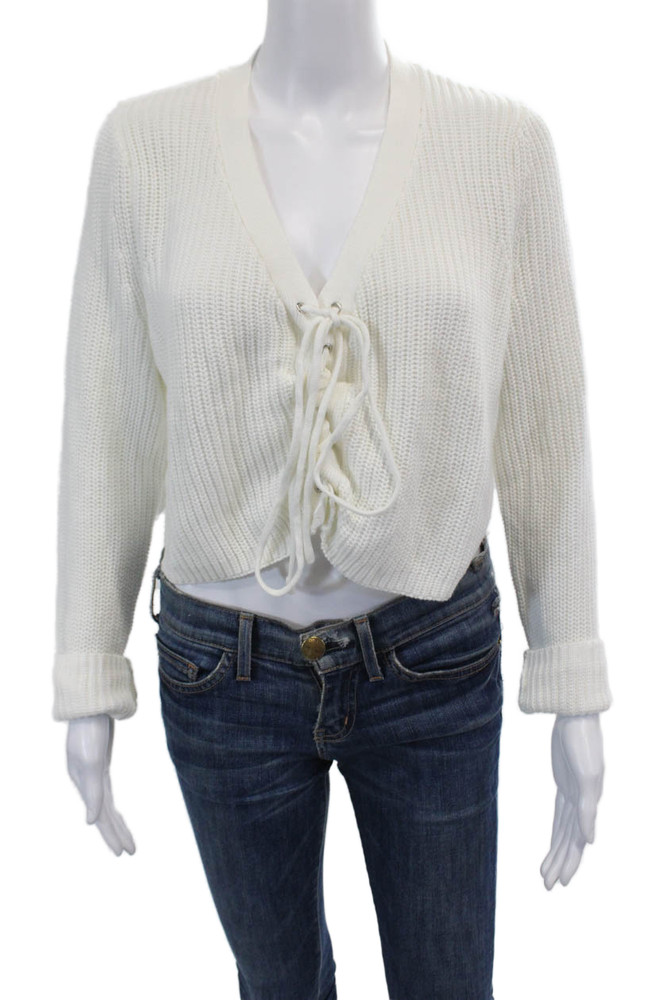 Millau Womens Cotton Open Knit V-Neck Lace Up Pullover Sweater Top White Size SFree Shipping in US $100+ Orders | $6.95 Orders Below