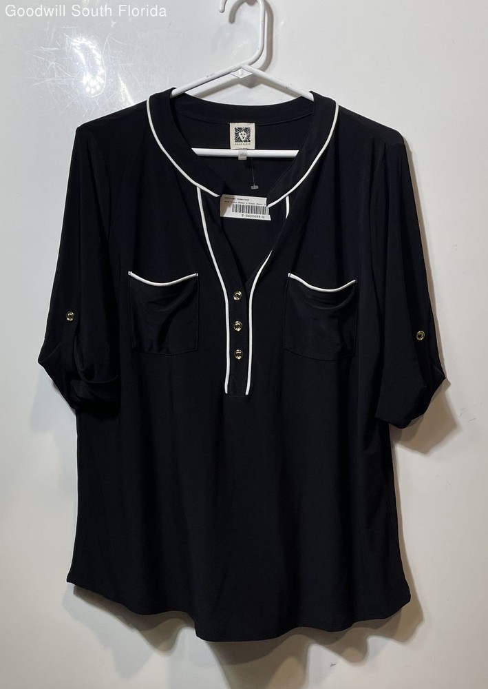 Anne Klein Womens Black Short Sleeve Henley Neck Blouse Top Size Large