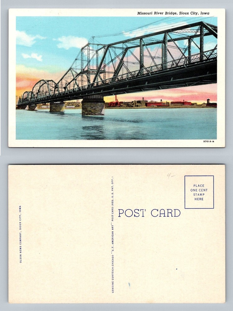 Sioux City, IA-Iowa, Missouri River Bridge Steel Truss Sunset Vintage Postcard