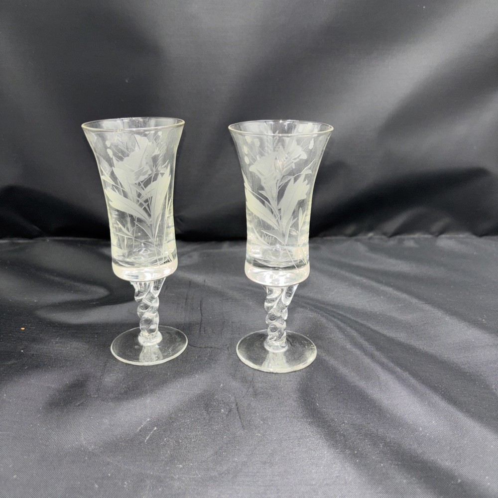 Vintage Etched Cut Crystal Champagne Flute Toast Glasse Floral Leaves 7.5