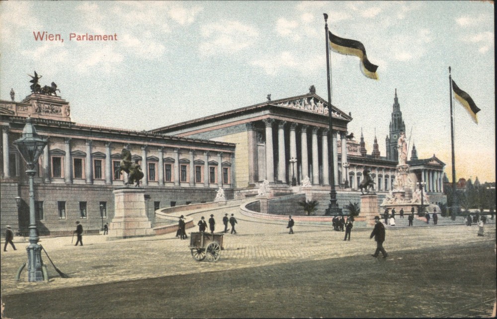 Austria Vienna Wien Parlament Building,Flags W.D.W.I. Original Vintage Postcard