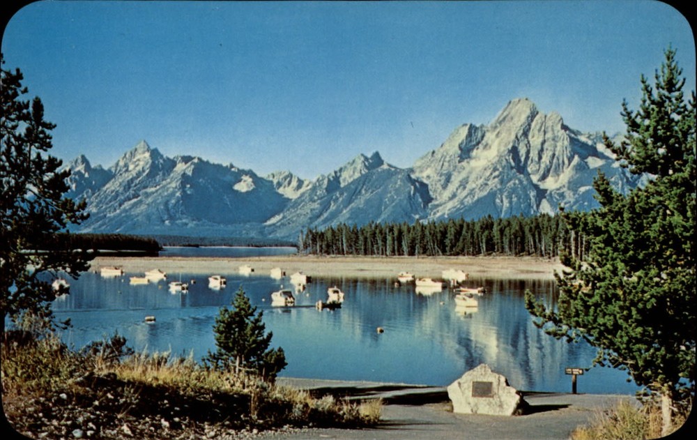 Teton Range Colter Bay boats Grand Teton National Park Wyoming ~ 1970s postcard