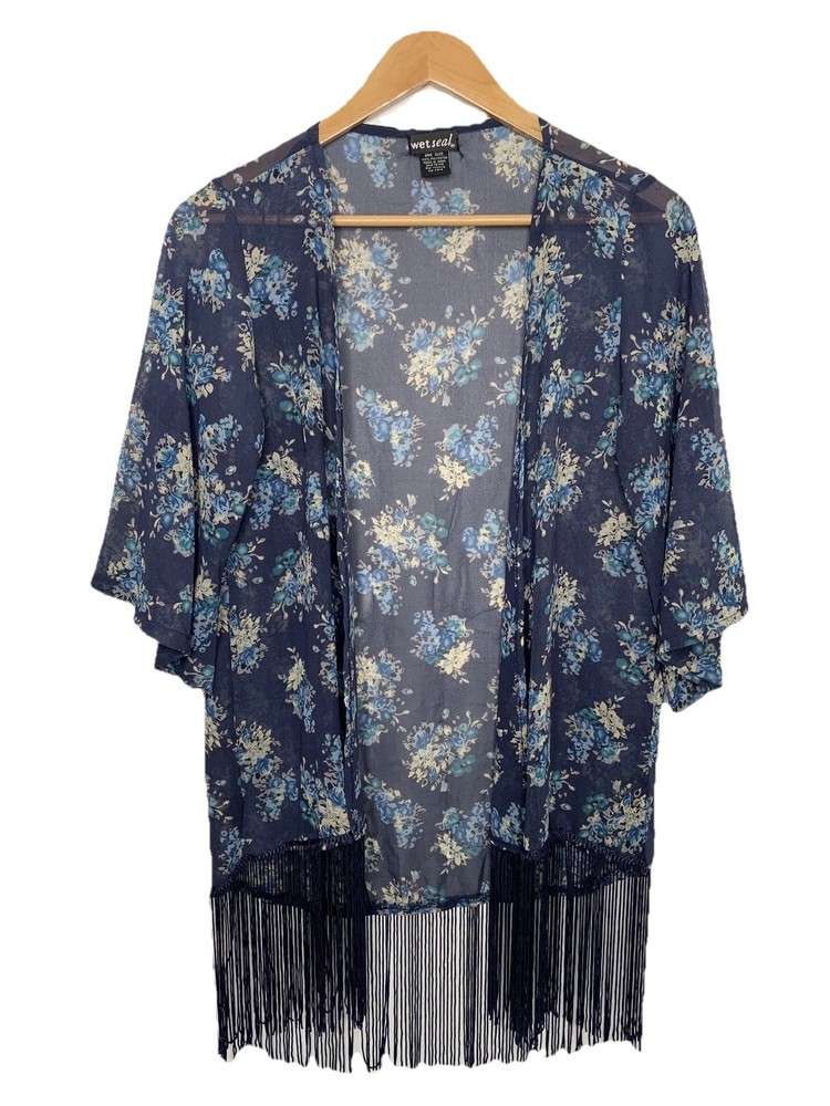 Wet Seal Womens Navy Floral Kimono With Tassel Trim Open Front One Size