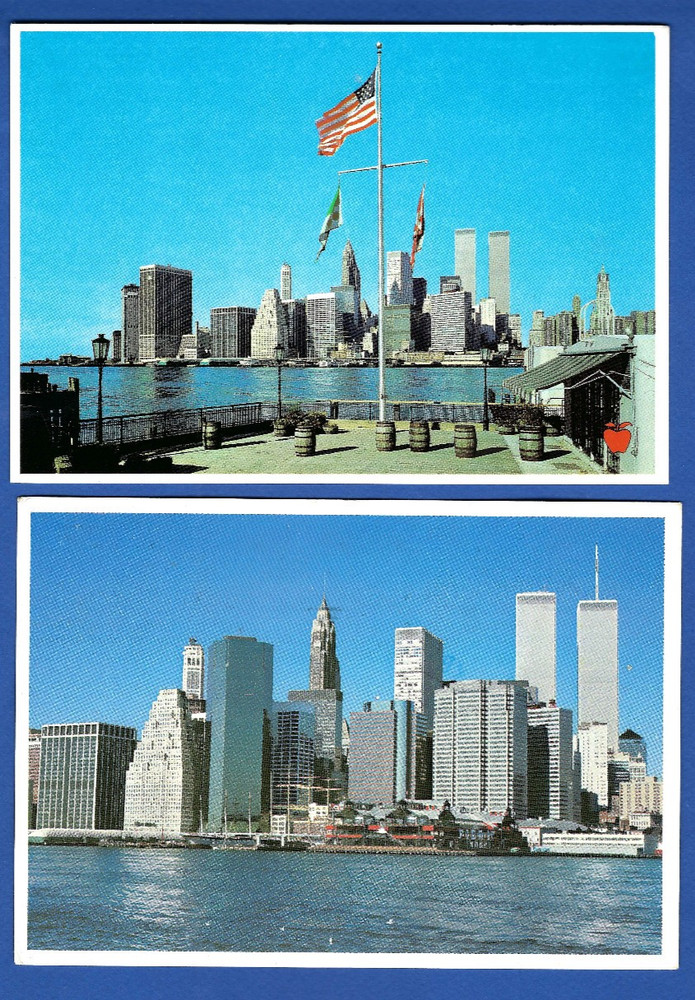 set of 2 postcards, World Trade Center, twin towers, New York city