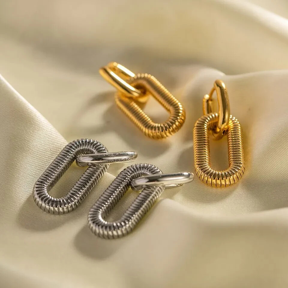 18K Gold Plated U-Shaped Drop Dangle Earrings for Women - Stainless Steel Studs
