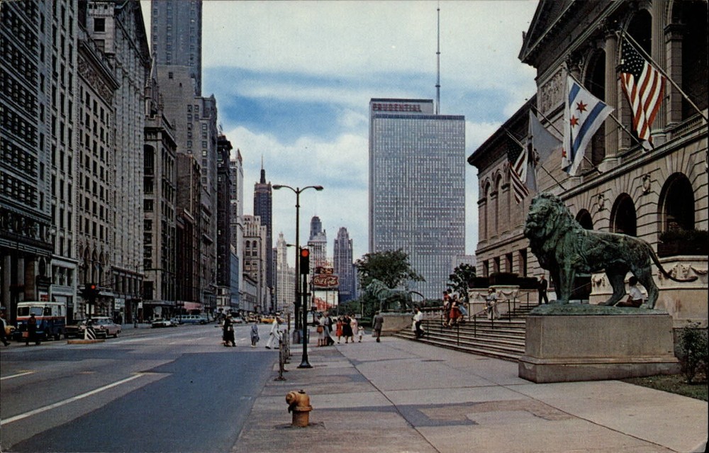 Chicago Illinois Michigan Avenue from Art Institute lion bronze statues postcard