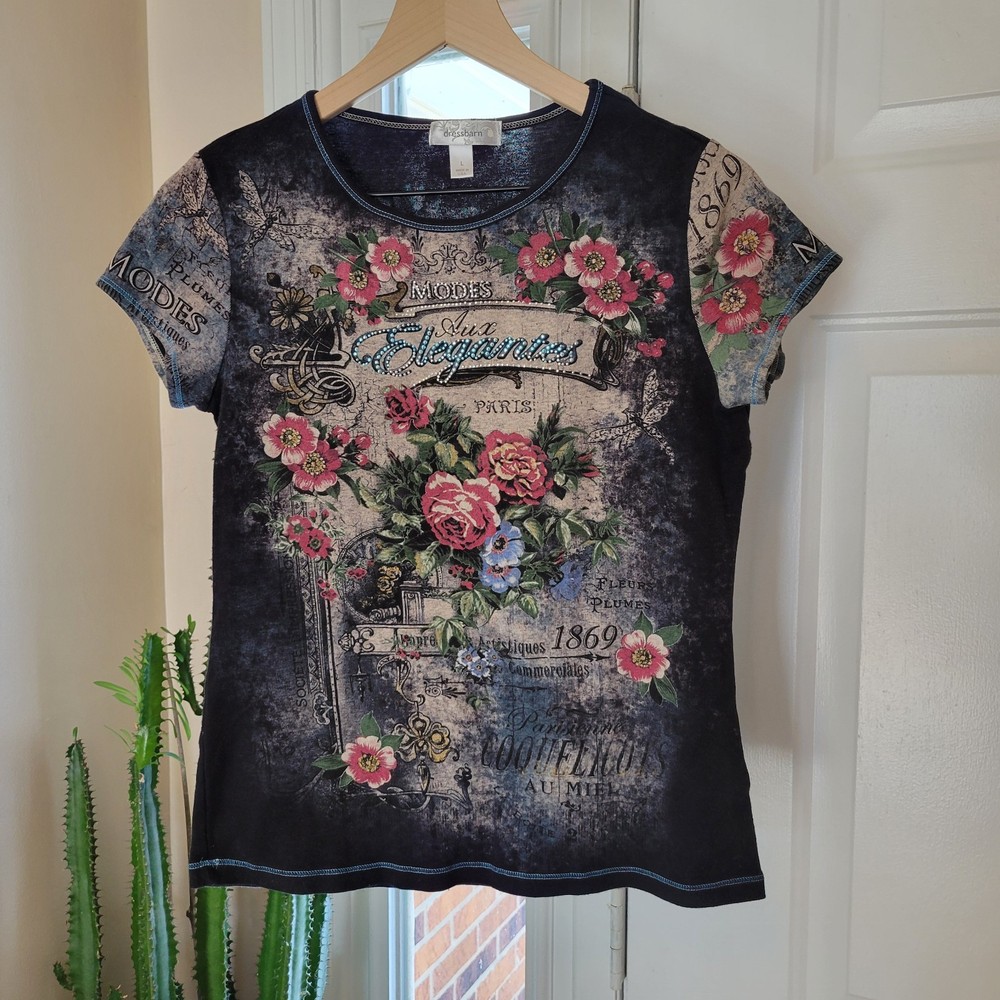 Dressbarn Y2K Vintage Style Graphic Printed Retro Black Grunge T-Shirt, Size L