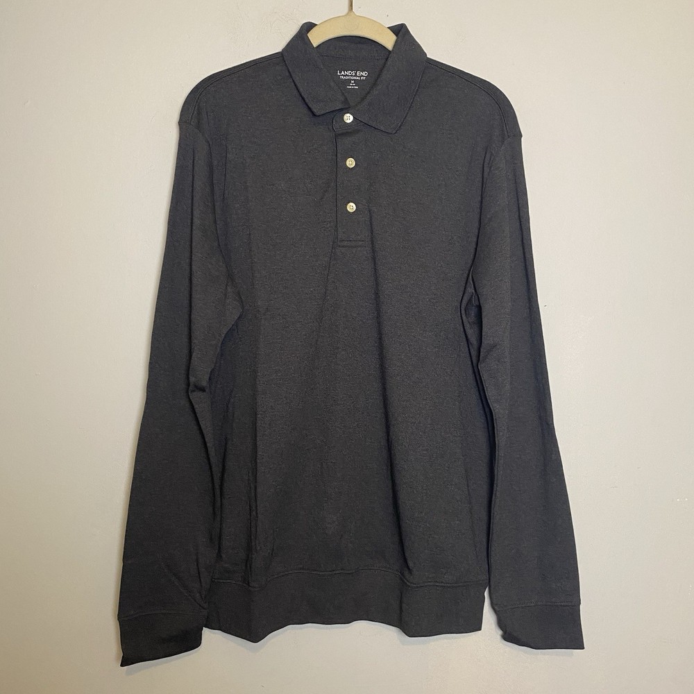 Lands End NWT Polo Shirt Mens Gray Pima Cotton Long Sleeve Sz M