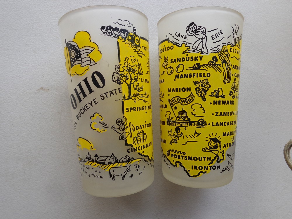 2 Vintage Hazel Atlas Drinking Glass Ohio Souvenir Historical Sites and Map