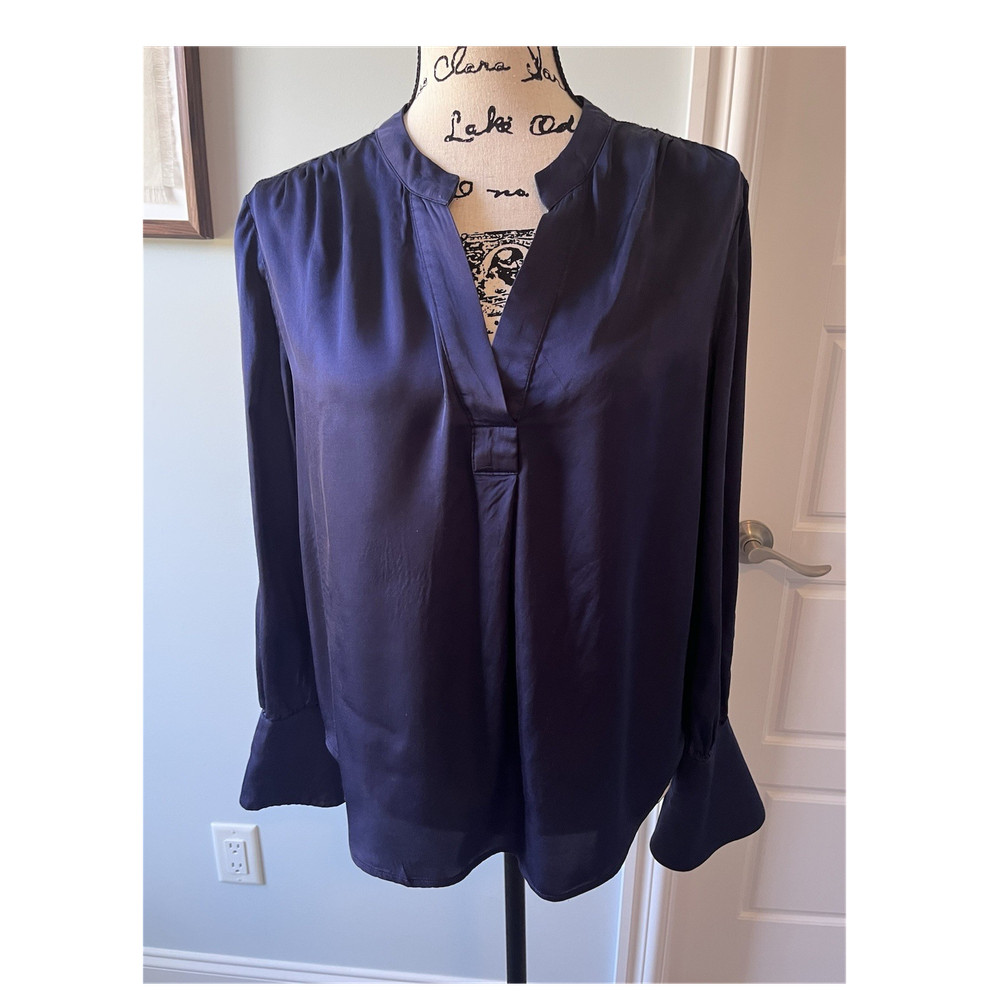Habitual Satin Split Neck Long Sleeve Blouse Women's Size S Regular Navy Blue