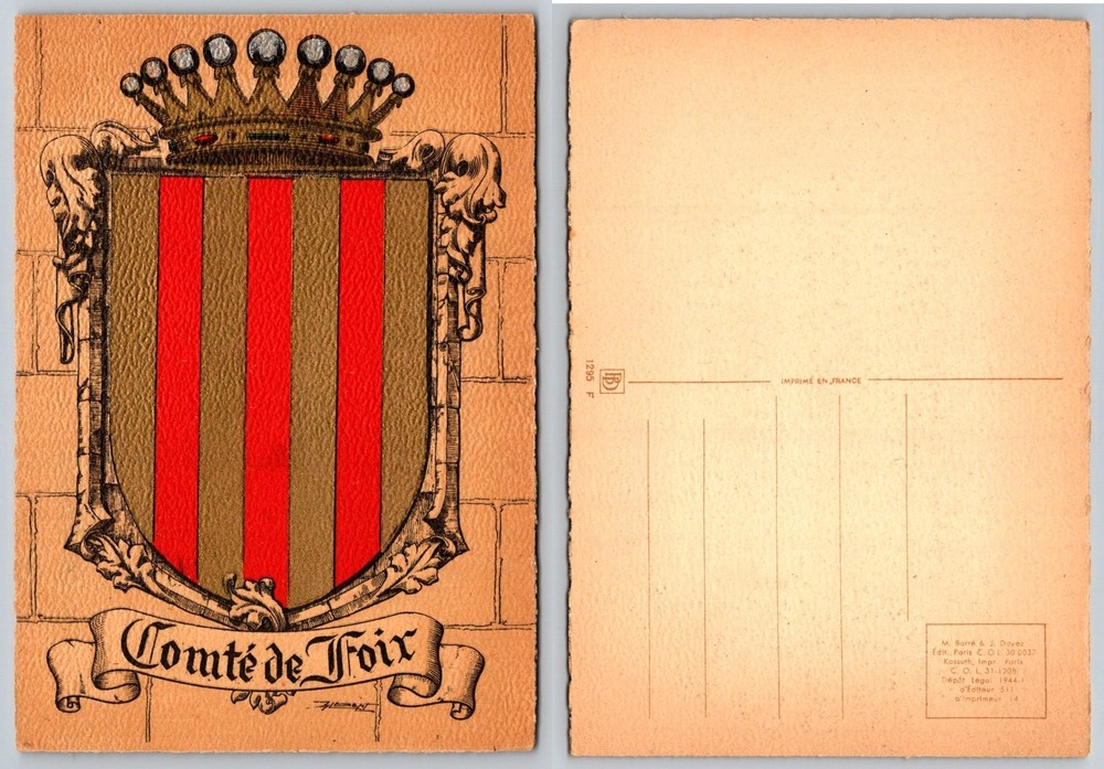 Comté de Foix Coat of Arms France Postcard 1944 Barré & Dayez Heraldry