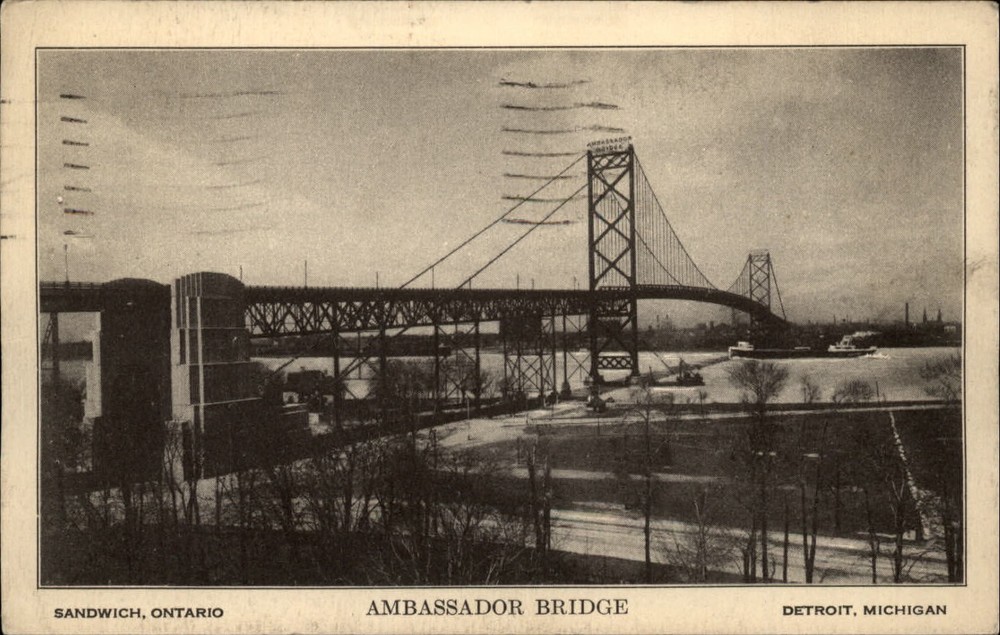 Michigan Detroit Sandwich Ontario Canada Ambassador Bridge ~ dated 1934 postcard
