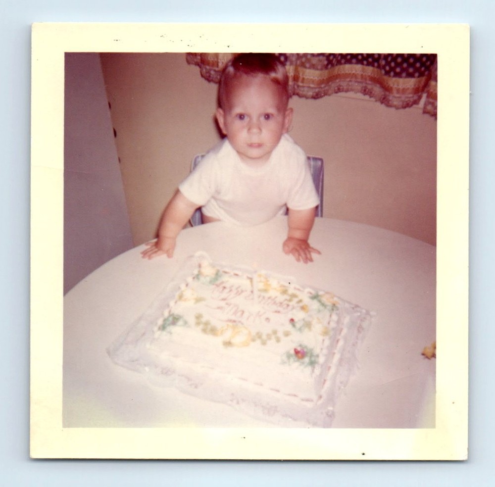 Old Vintage Square Color Photo SOLO TODDLER BOY BIRTHDAY CAKE SNAPSHOT PICTURE