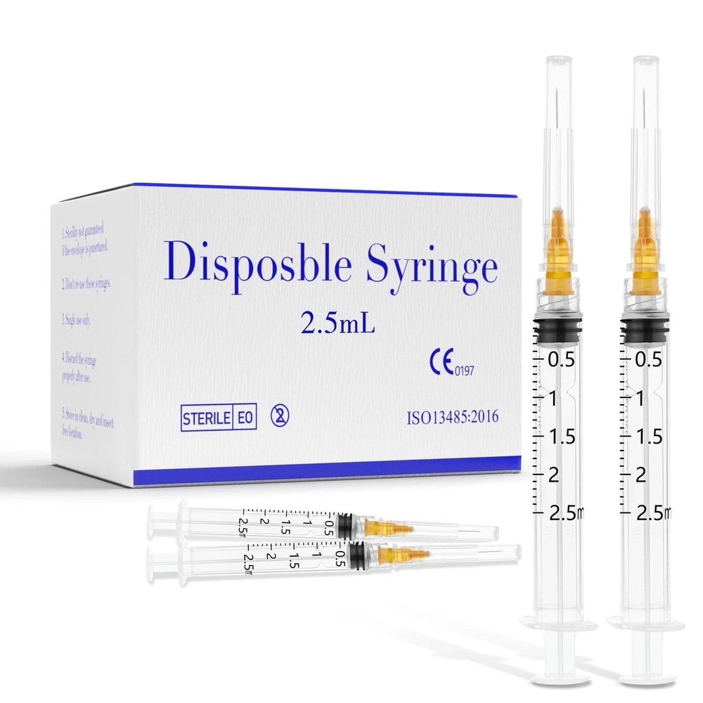 100 Pack 2.5ml Plastic Luer Lock Syringa with Needles 25 Ga 1 transparent..