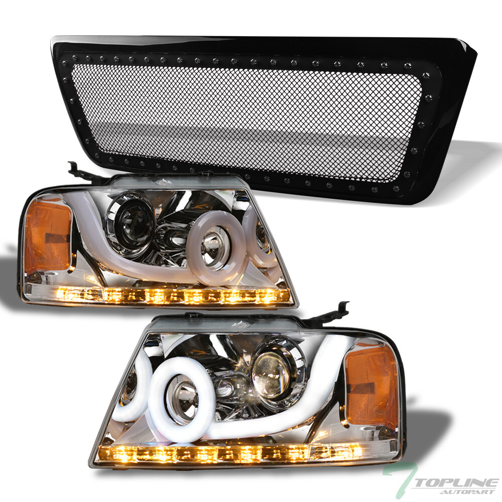 Topline For 04-08 F150 Ch Halo Sequential LED Pro Headlights A+Rivet M Grill Blk