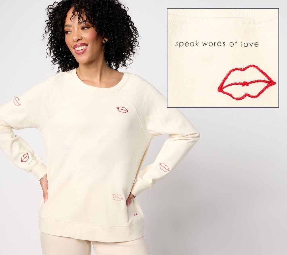 Peace Love World Women's Top Sz XS Embroidered French Terry White A684285
