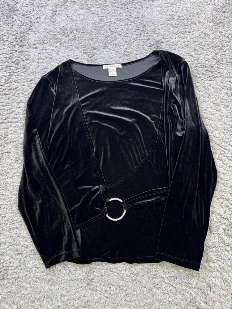 Notations Top Women XL Black Velvet Wrap Crossover Whimsigoth Witchy Blouse