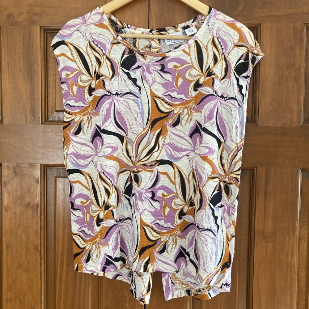 Nicole Miller Floral Print 100% Linen Sleeveless Top Multicolor Women's Medium