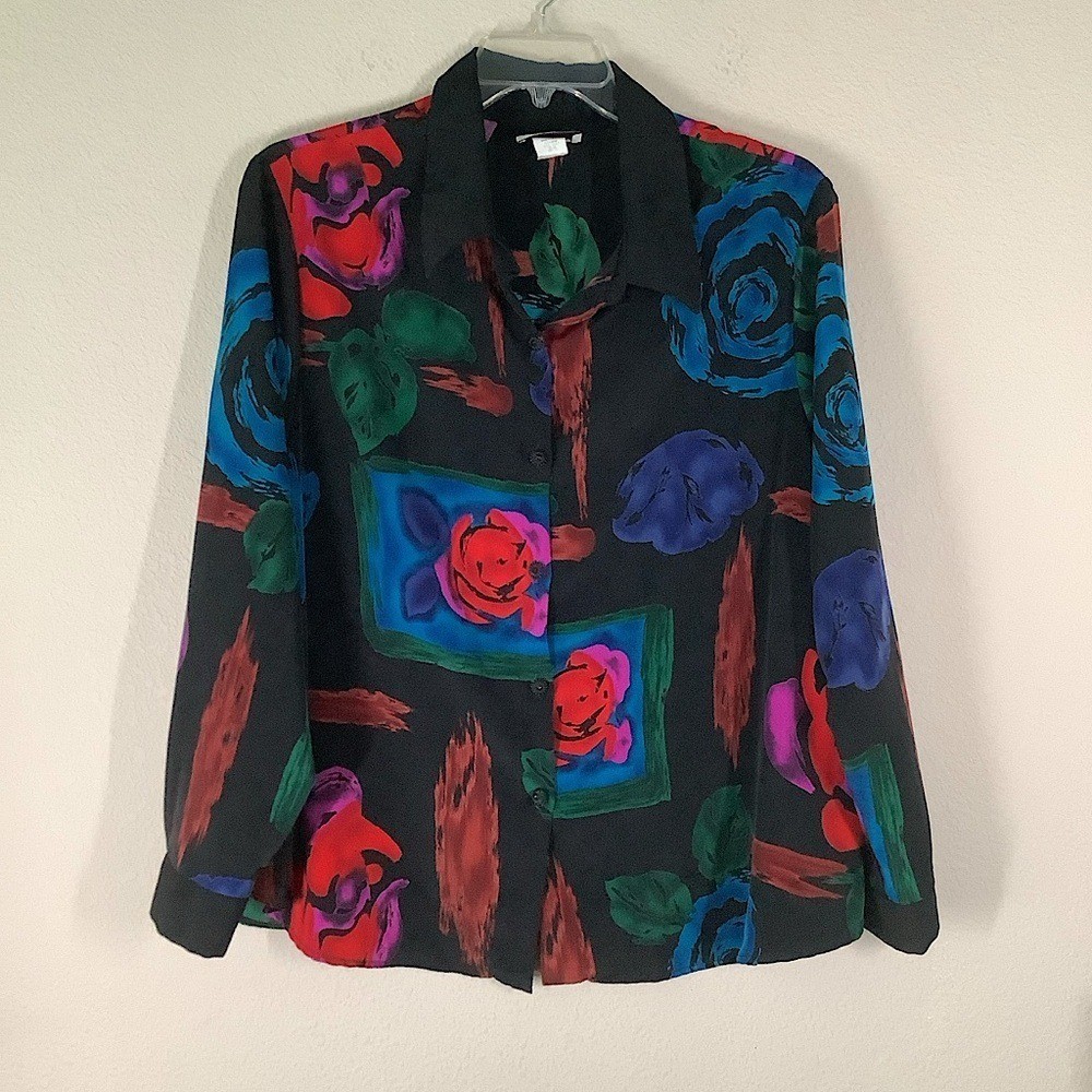 Vintage Black Floral Button Up Blouse Long Sleeve Top Artsy Colorful 20W Career