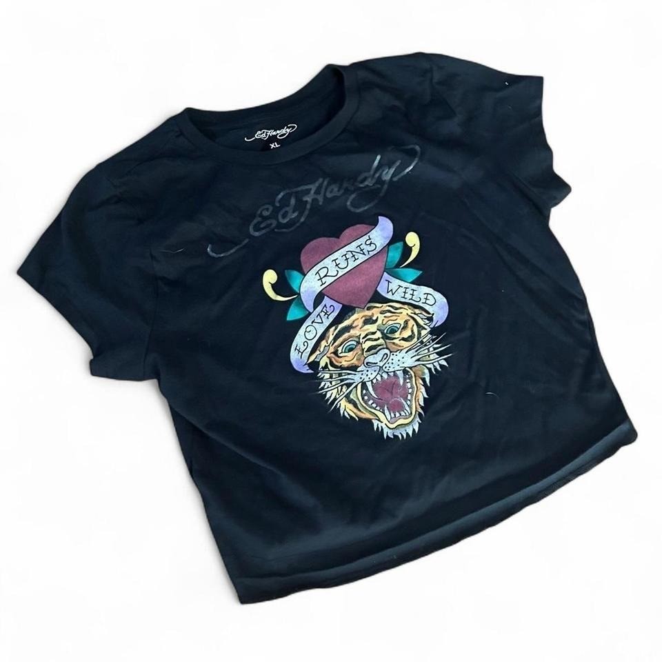 Ed Hardy baby tee black y2k graphic tee with tiger and heart design
