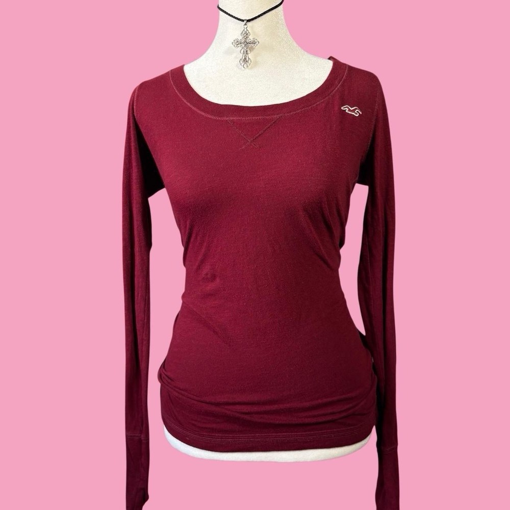 Hollister T Shirt Long Sleeve Womens Medium Low Collar Red Y2k Vintage Logo