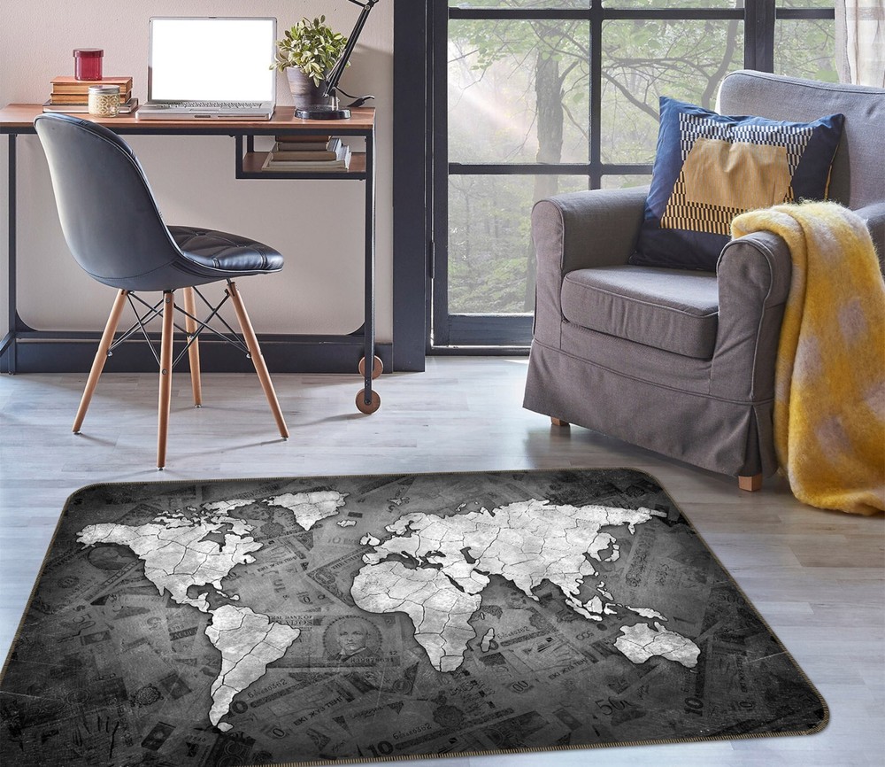 3D Light Grey Stone Pattern Non-Slip World Map Rug Mat Elegant Carpet Romy 329BNO