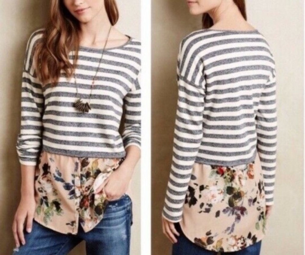Women's Anthropologie Postmark Ginny PulloveStriped Floral Top Size S Gray Beige