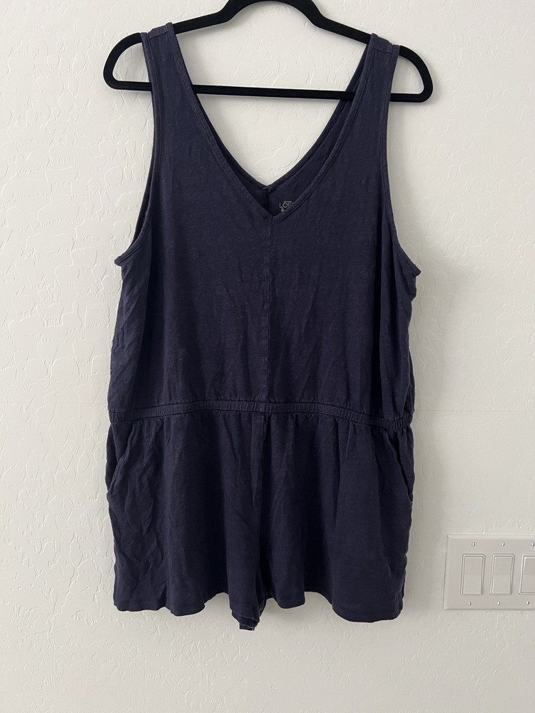 Ann Taylor LOFT Beach Women’s XL 100% Linen Navy Sleeveless Romper V-Neck