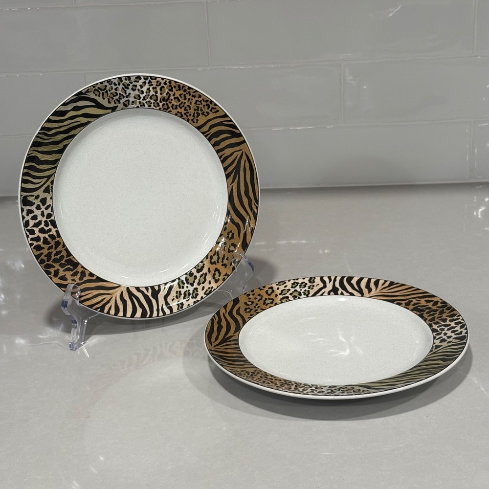 Studio Nova Jungle Beat Salad Plates HG262 Safari Tiger Leopard Rim 8.25” Set 2
