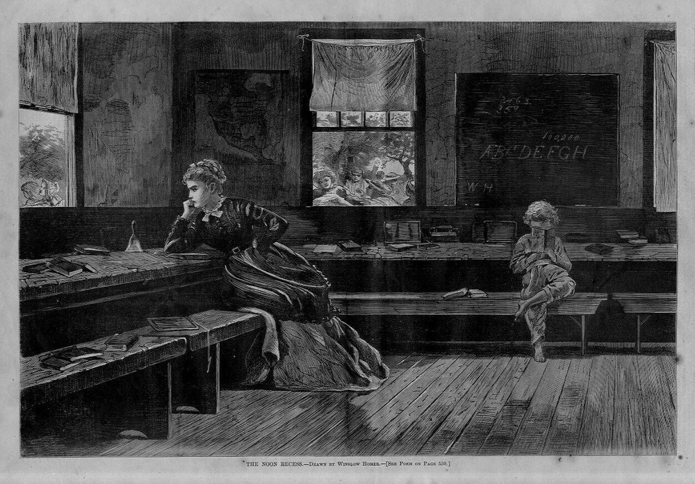 WINSLOW HOMER THE NOON RECESS TEACHER AND STUDENT SITTING IN SCHOOL CLASSROOM