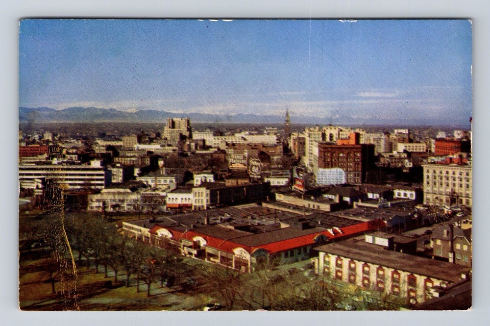 Denver CO-Colorado, Aerial City Skyline, Snowcapped Rockies, Vintage Postcard