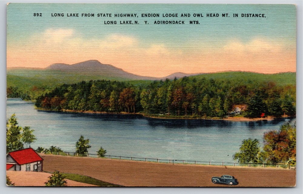 Long Lake New York~View From State Hwy W/ Endion Lodge~Vintage Linen Postcard