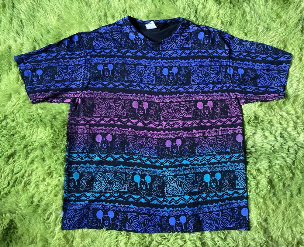 VTG 90s Mickey Mouse All Over Print T-Shirt Walt Disney Single Stitch Trippy MED