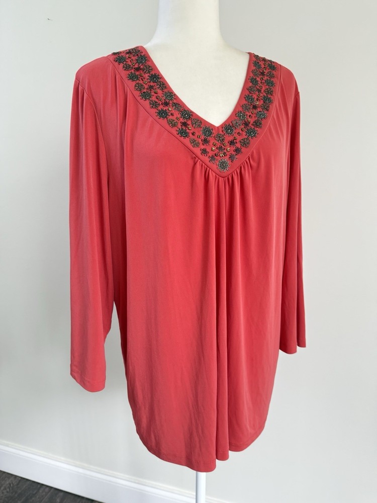 Susan Graver Women’s Orange Beaded Embellished  V- Neck 3/4 Sleeve Blouse Top XL