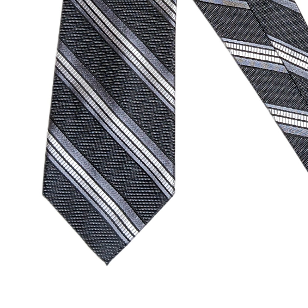 Pronto Uomo Silk Tie Men’s Long 62” Black Gray Stripe Designer Classic Tie New