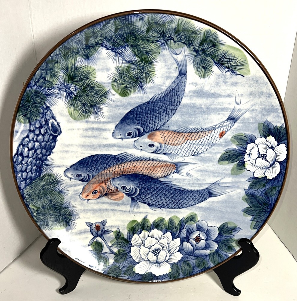 VTG Sun Ceramics Japanese Japan Blue Koi Fish XL Porcelain Plate  Platter Signed