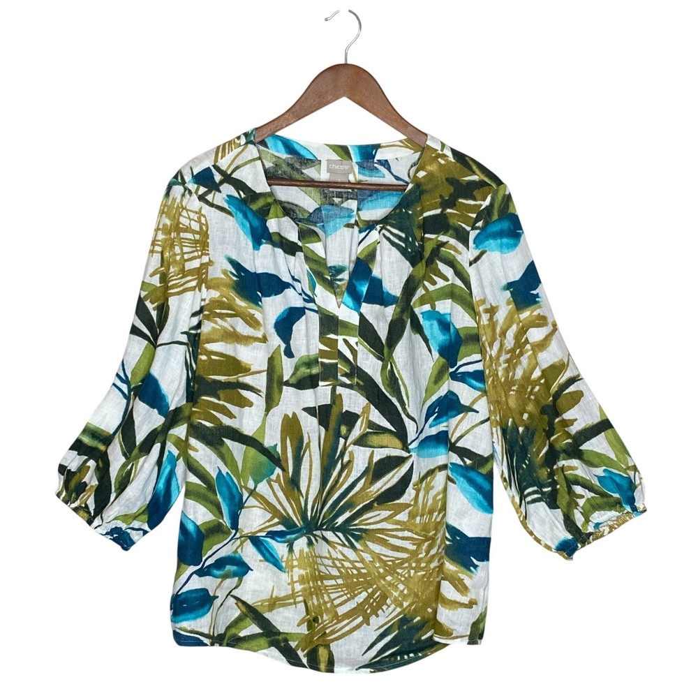 Chicos Linen Top Womens Size 3 US 16 Tropical Palm Leaf Resort Coastal Vacation