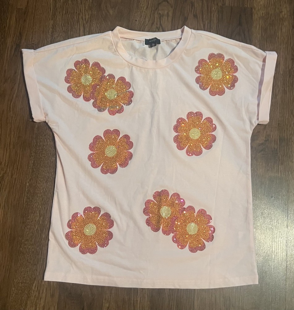New Rhinestone Embellished  Orange Floral T-shirt | Short Sleeve | Small| NWOT
