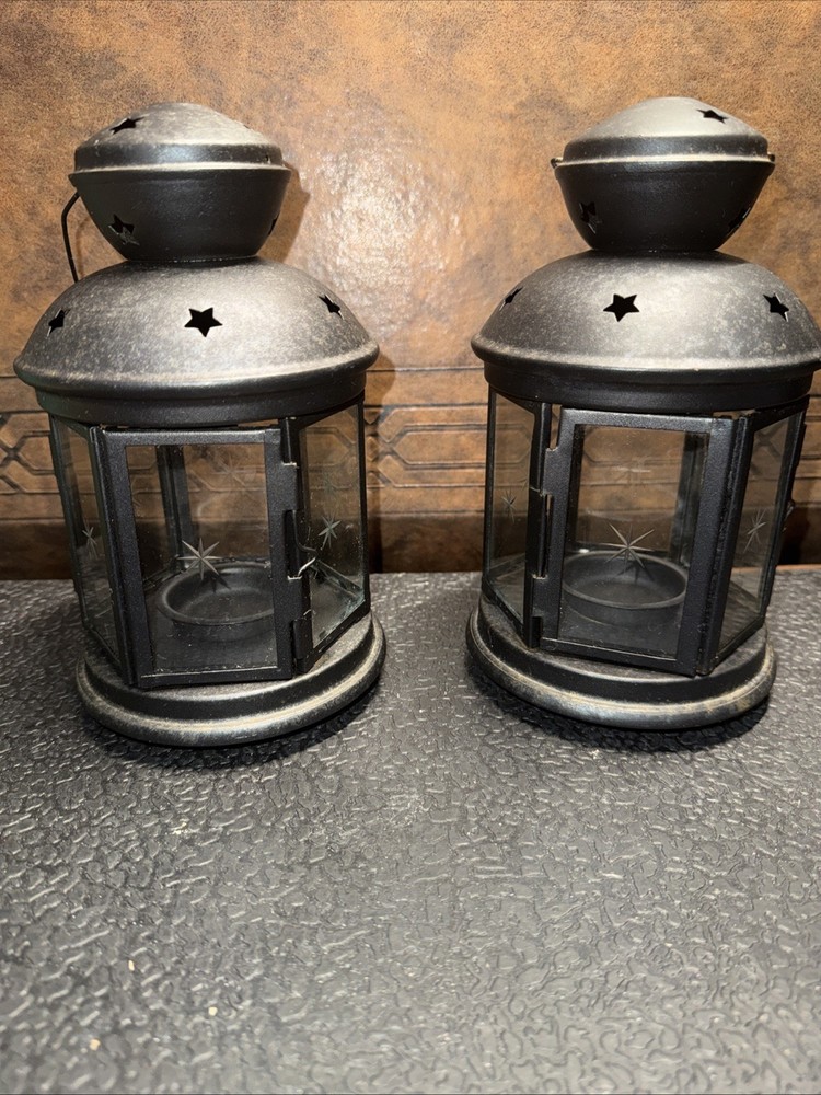 Vintage Ikea Rotera Tealight Candle Holder Lantern black Metal Glass Stars  Set