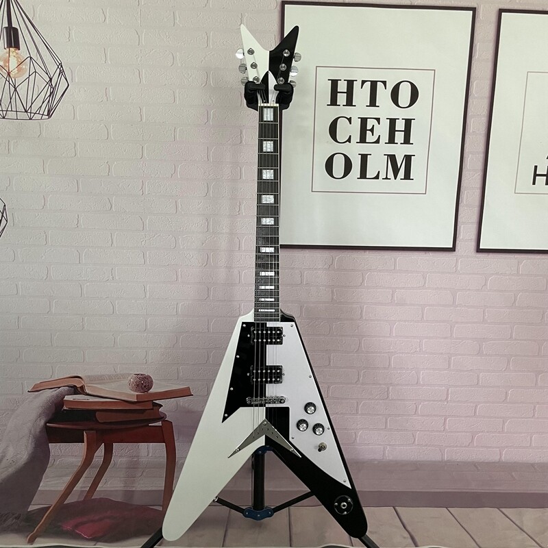 Black&White Flying V Electric Guitar Solid Body Open Pickups Strings Thru Body