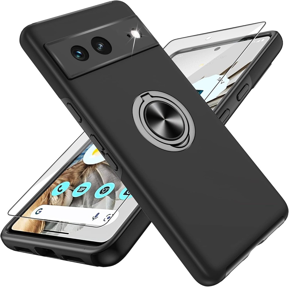 For Google Pixel 7 Shockproof Ring Holder Kickstand Case with Screen Protector